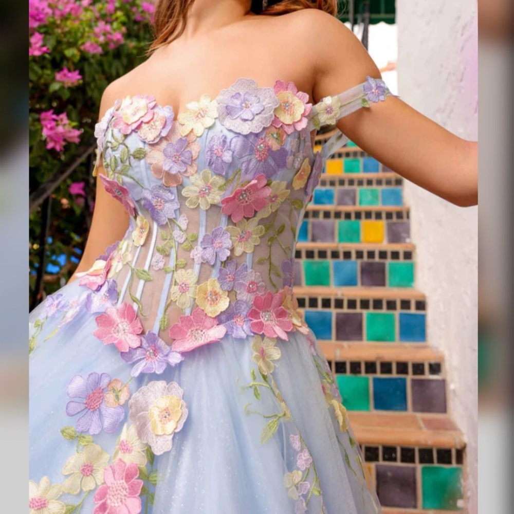 Adorable light blue colorful floral a line corset prom ball gown, wedding dress